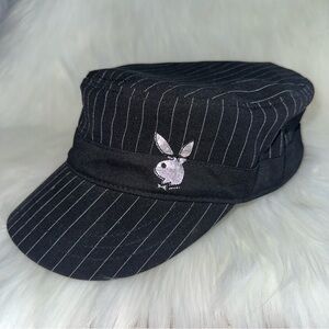 Vintage Y2K Playboy Bunny Pinstripe Newsboy Hat Cap Black Silver Rabbit L/XL